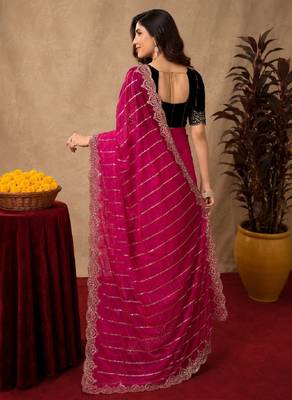 Rani pink  soft net sequence emboidery saree with unstitched blouse piece 3