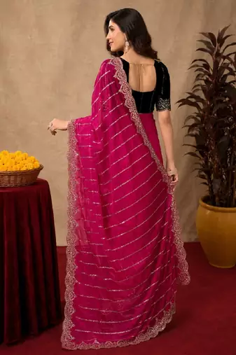 Rani pink  soft net sequence emboidery saree with unstitched blouse piece