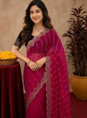 Rani pink  soft net sequence emboidery saree with unstitched blouse piece 4