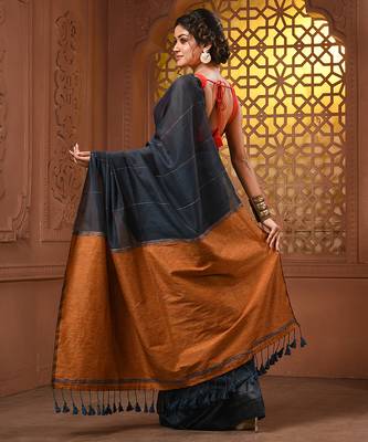 Aegean blue cotton soft saree with stripe pattern 2