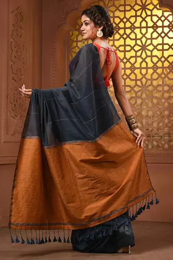 Aegean blue cotton soft saree with stripe pattern