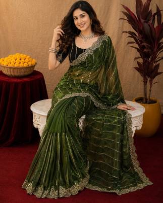 Green  soft net sequence emboidery saree with unstitched blouse piece 1