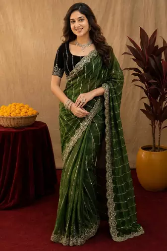 Green  soft net sequence emboidery saree with unstitched blouse piece