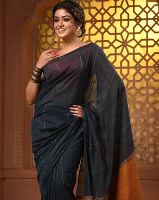Aegean blue cotton soft saree with stripe pattern 4
