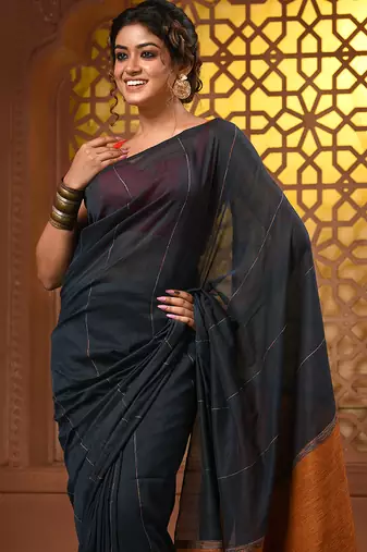 Aegean blue cotton soft saree with stripe pattern
