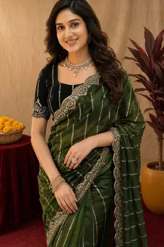 Green  soft net sequence emboidery saree with unstitched blouse piece