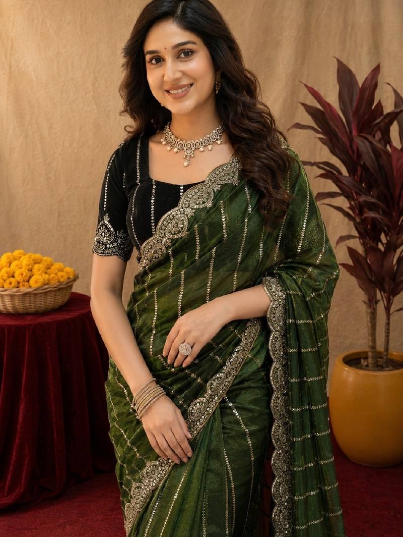 Green  soft net sequence emboidery saree with unstitched blouse piece