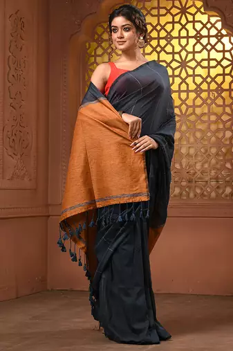 Aegean blue cotton soft saree with stripe pattern