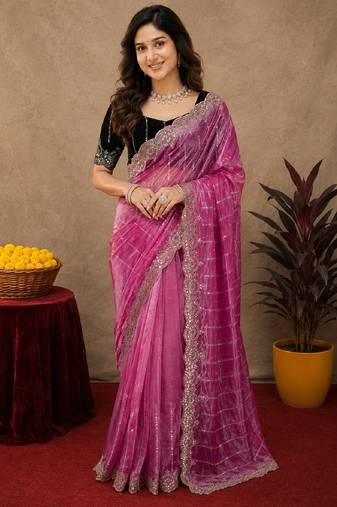 Pink  soft net sequence emboidery saree with unstitched blouse piece