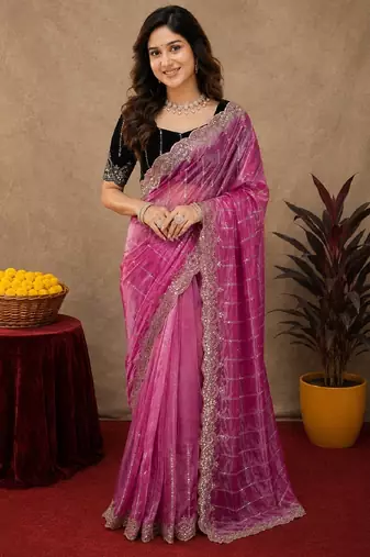 Pink  soft net sequence emboidery saree with unstitched blouse piece