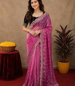 Pink  soft net sequence emboidery saree with unstitched blouse piece