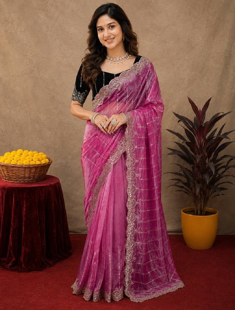 Pink  soft net sequence emboidery saree with unstitched blouse piece