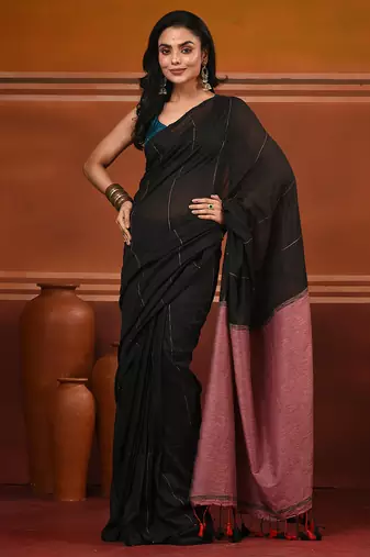 Black cotton soft saree with stripe pattern