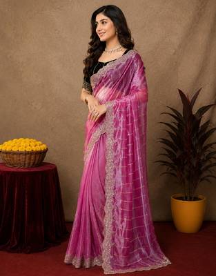 Pink  soft net sequence emboidery saree with unstitched blouse piece 2