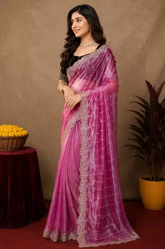 Pink  soft net sequence emboidery saree with unstitched blouse piece