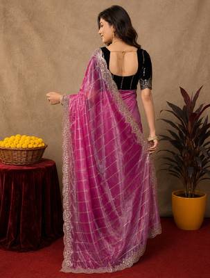 Pink  soft net sequence emboidery saree with unstitched blouse piece 3
