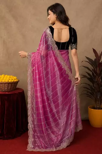 Pink  soft net sequence emboidery saree with unstitched blouse piece