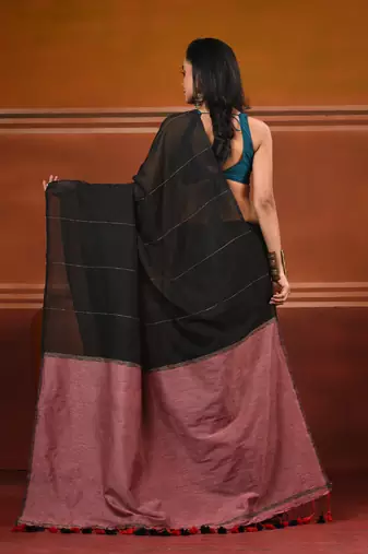 Black cotton soft saree with stripe pattern