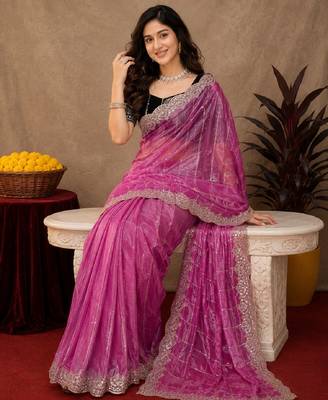 Pink  soft net sequence emboidery saree with unstitched blouse piece 4
