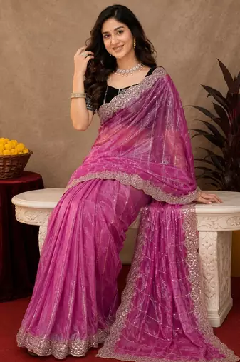Pink  soft net sequence emboidery saree with unstitched blouse piece