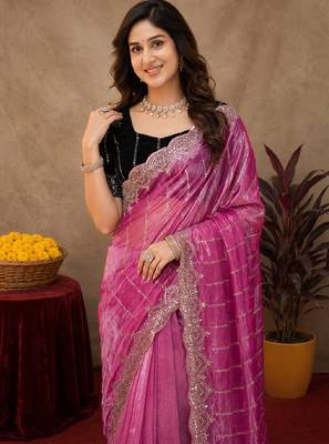 Pink  soft net sequence emboidery saree with unstitched blouse piece 5