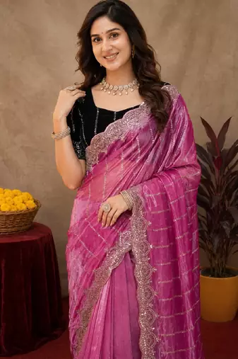 Pink  soft net sequence emboidery saree with unstitched blouse piece
