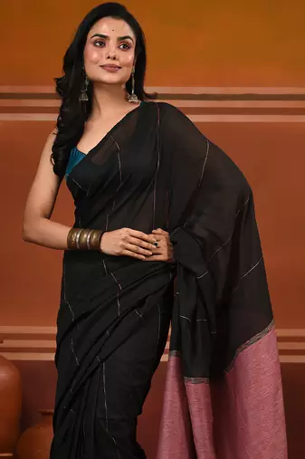 Black cotton soft saree with stripe pattern