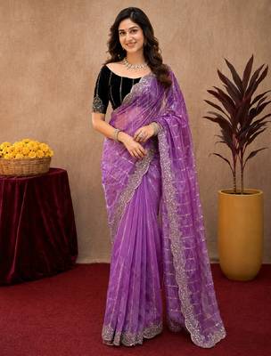 Lavender  soft net sequence emboidery saree with unstitched blouse piece 1
