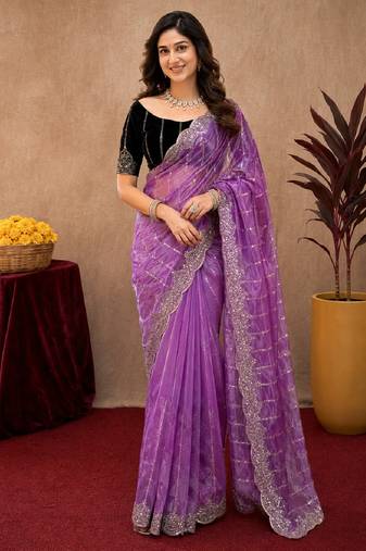 Lavender  soft net sequence emboidery saree with unstitched blouse piece