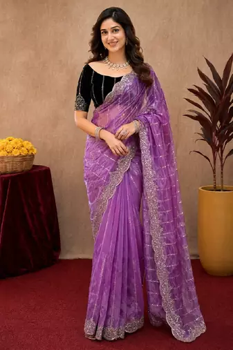 Lavender  soft net sequence emboidery saree with unstitched blouse piece