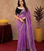Lavender  soft net sequence emboidery saree with unstitched blouse piece