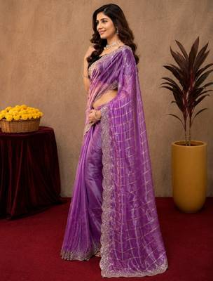 Lavender  soft net sequence emboidery saree with unstitched blouse piece 2
