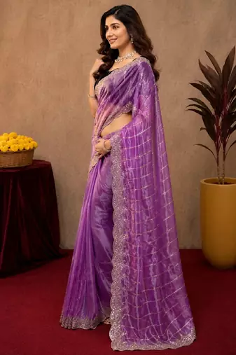 Lavender  soft net sequence emboidery saree with unstitched blouse piece