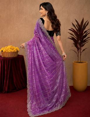 Lavender  soft net sequence emboidery saree with unstitched blouse piece 3