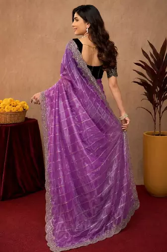 Lavender  soft net sequence emboidery saree with unstitched blouse piece
