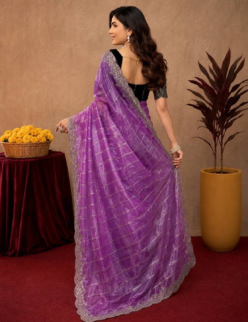 Lavender  soft net sequence emboidery saree with unstitched blouse piece