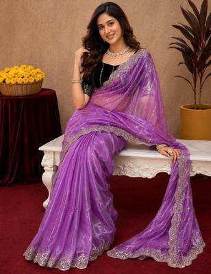 Lavender  soft net sequence emboidery saree with unstitched blouse piece 4
