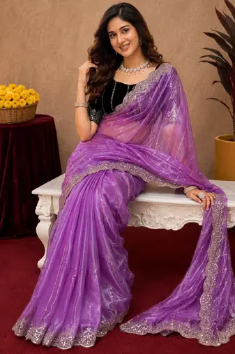 Lavender  soft net sequence emboidery saree with unstitched blouse piece