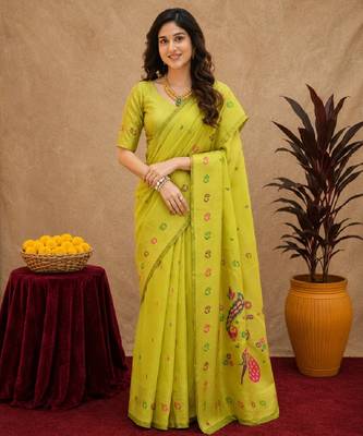 Parrot soft silk blend banarasi jacuard work pethani saree with unstitched blouse piece 1