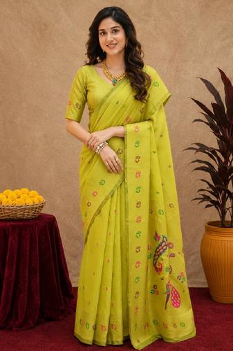 Parrot soft silk blend banarasi jacuard work pethani saree with unstitched blouse piece