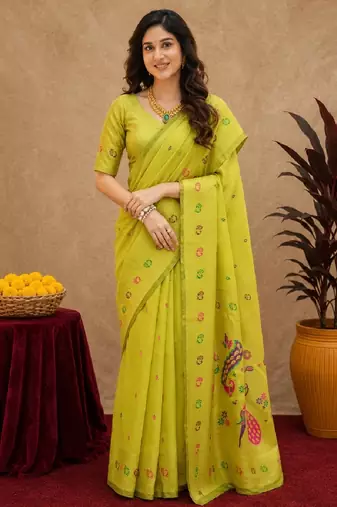 Parrot soft silk blend banarasi jacuard work pethani saree with unstitched blouse piece