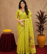 Parrot soft silk blend banarasi jacuard work pethani saree with unstitched blouse piece