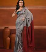 Grey cotton soft saree with pompom