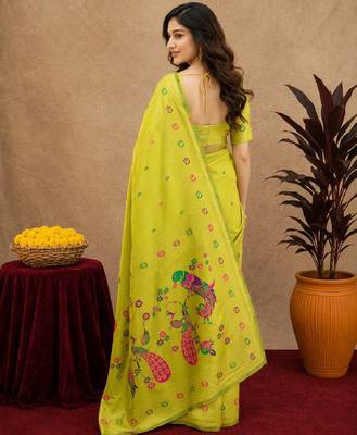 Parrot soft silk blend banarasi jacuard work pethani saree with unstitched blouse piece 3