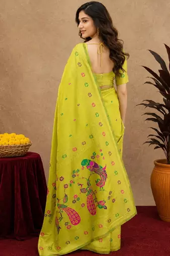 Parrot soft silk blend banarasi jacuard work pethani saree with unstitched blouse piece