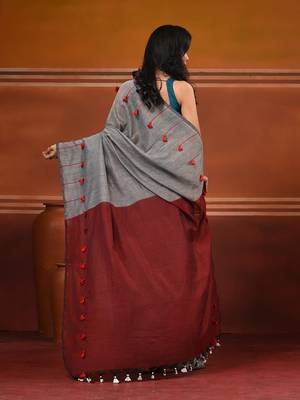 Grey cotton soft saree with pompom 2