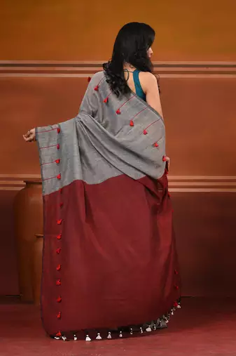 Grey cotton soft saree with pompom