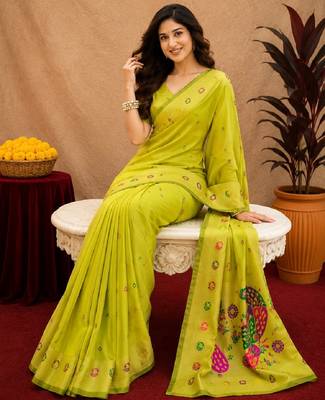 Parrot soft silk blend banarasi jacuard work pethani saree with unstitched blouse piece 4