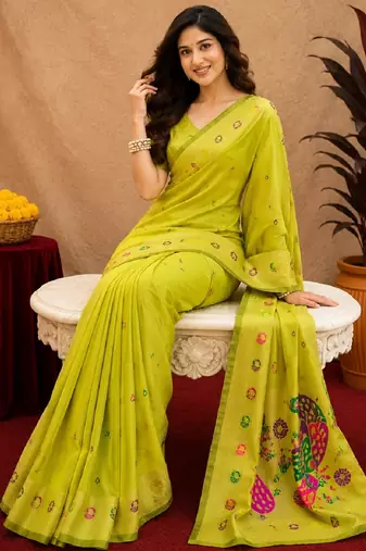 Parrot soft silk blend banarasi jacuard work pethani saree with unstitched blouse piece