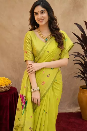Parrot soft silk blend banarasi jacuard work pethani saree with unstitched blouse piece